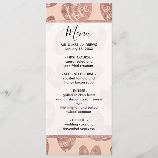 Menu Love XOXO Be Mine Rose Gold Rose Parties scintilla (Devant)