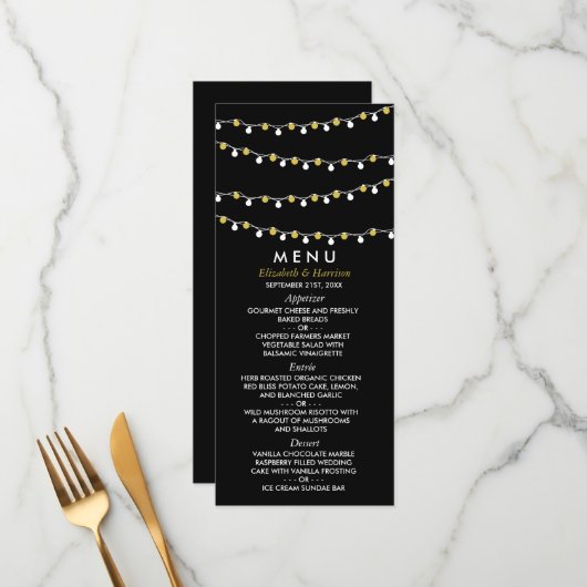 Menu Lumières à cordes modernes, Mariage blanc et or (Devant/Arrière en situation)