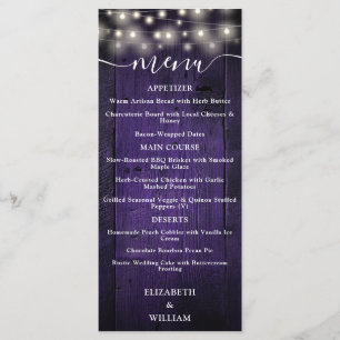Menu Lumières de chaîne rustiques violettes Mariage en