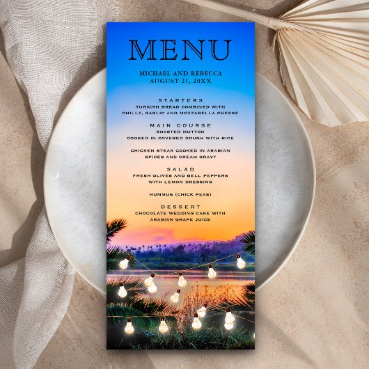Menu Lumières de mariage à cordes de coucher de soleil