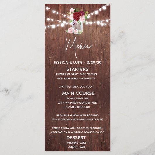 Menu Lumières de mariage en bois pour pot Mason à fleur (Devant)