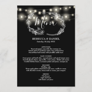 Menu Lumières en guirlande mariage floral noir et blanc