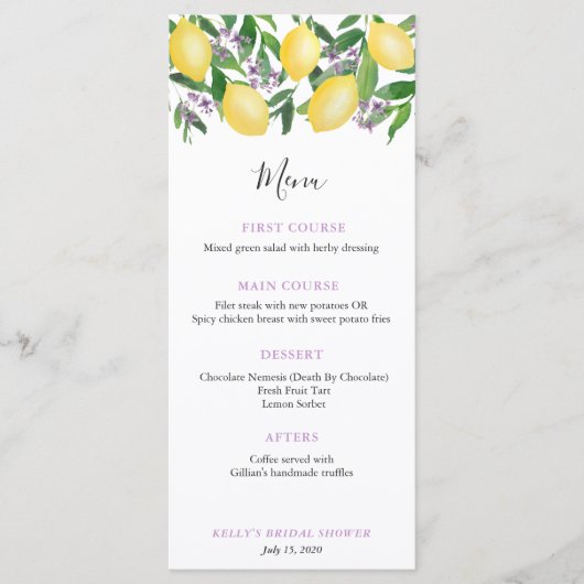 Menu Luncheon de mariage douche de mariage Citron Lavan (Devant)
