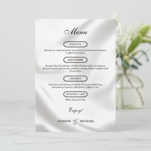 Menu Luxe Éternel Moderne Texture Mariage Élégant Blanc (Debout devant)
