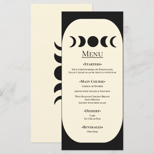 Menu Luxe Lunaire Mariage à Phase de Lune Noir & Crème (Devant / Derrière)