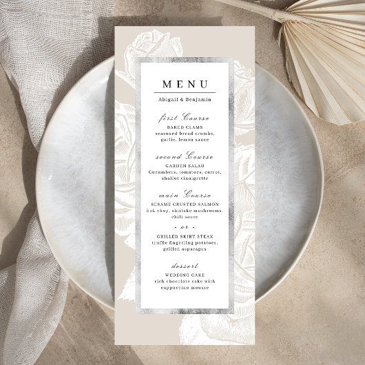 Menu Luxe rose argent neutre vintage mariage botanique