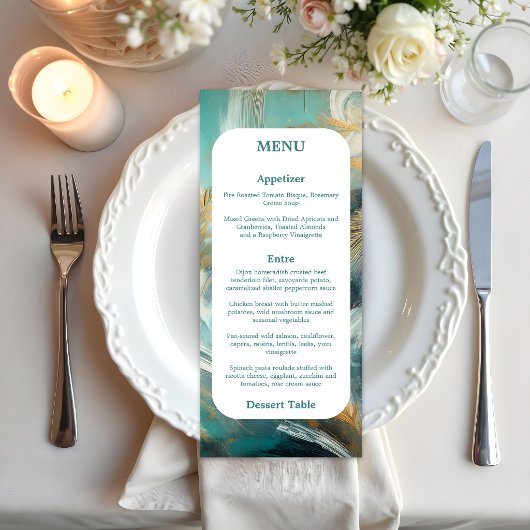 Menu Luxe Turquoise et Doré aux Traits de Pinceau