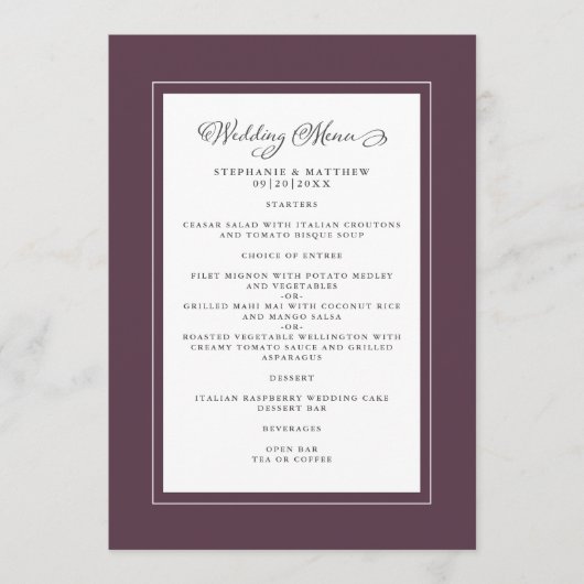 Menu Luxe violet Mariage Moderne Frontières Chic (Devant)