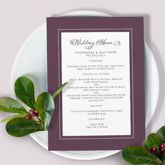 Menu Luxe violet Mariage Moderne Frontières Chic