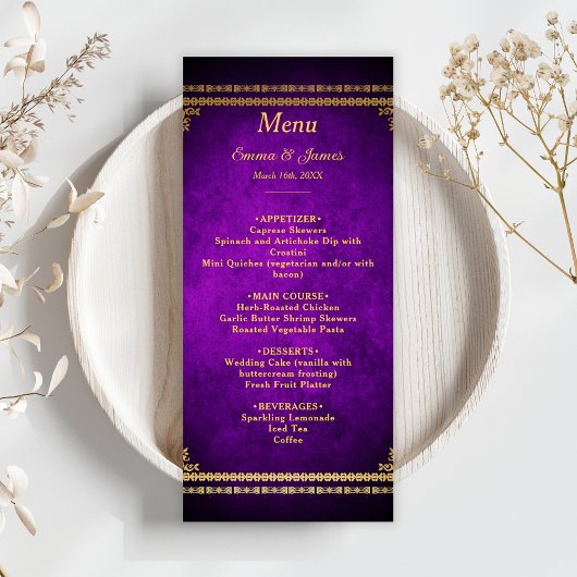 Menu Luxueux Royal Purple & Gold Mariage