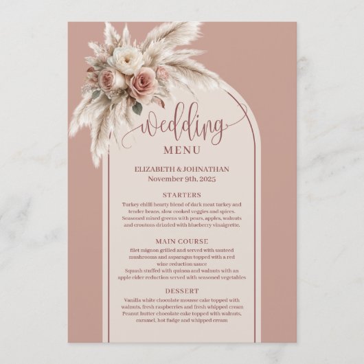 Menu Luxurious Boho Dusty Rose Pampas Floral Wedding (Devant)