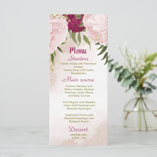 Menu magenta fleurs roses vert feuille mariage (Debout devant)