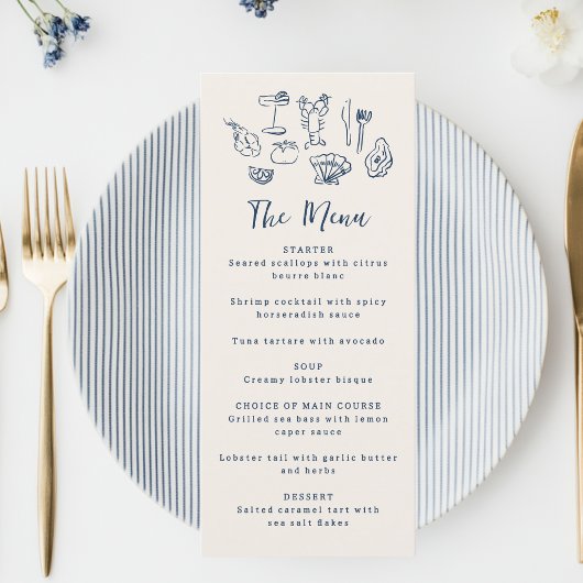 Menu Main dessinée funky nautique Anniversaire Mariage 