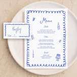 Menu Main dessinée Whimsical Blue Mariage français<br><div class="desc">Cartes de table de Mariage français manuscrites Menu plat Élégante calligraphie Manger et boire Menus de Mariage | Calligraphie simple Menus Mariage rustique Menus Mariage,  Menu Mariage rustique,  Menu Floral Wedidting,  Menu Table Mariage</div>