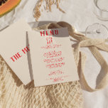 Menu Main moderne Fork Couteau Retro Quirky Mariage<br><div class="desc">Un menu coloré rétro et moderne, rouge et blanc mariage pour le dîner. Ce qui présente un design modèle chic de crémeux laiteux arrière - plan et rouge vif typographie écrite à la main. Avec couteau tiré à la main, fourchette et cuillère. Un Parfait et assorti à toute la suite....</div>