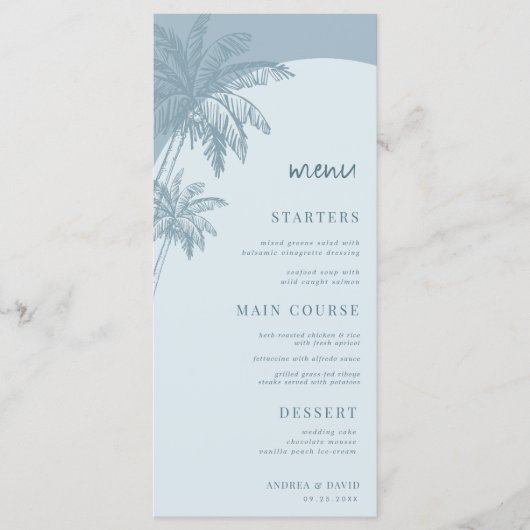Menu Main Tirée Dusty Blue Palm Tree Boho Beach Mariage (Devant)