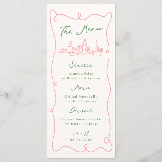 Menu Main Whimsical tirée rose et Mariage vert (Devant)