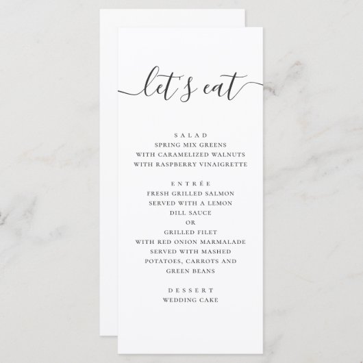 Menu Mangeons. Mariage de script simple en noir et blan (Devant / Derrière)