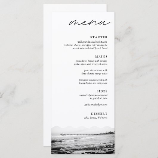 Menu Manhattan Beach Pier Noir & Blanc Mariage Dîner (Devant / Derrière)