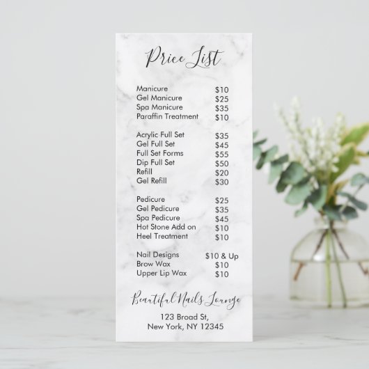 Menu Marble Nail Salon Professional Price List (Staand voorkant)