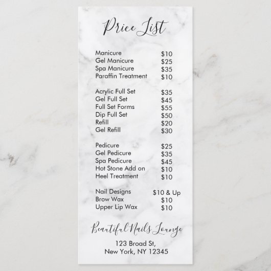 Menu Marble Nail Salon Professional Price List (Voorkant)