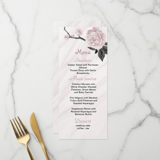 Menu marbre rose et noir à fleurs mariage (Devant/Arrière en situation)
