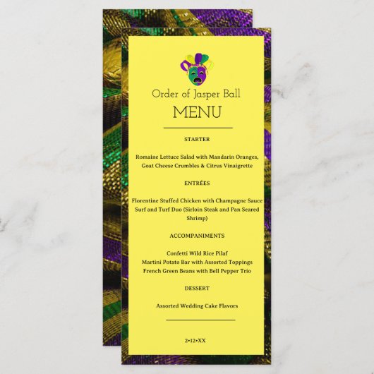 Menu Mardi Gras (Voorkant / Achterkant)