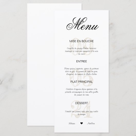 Menu mariage  (Devant / Derrière)