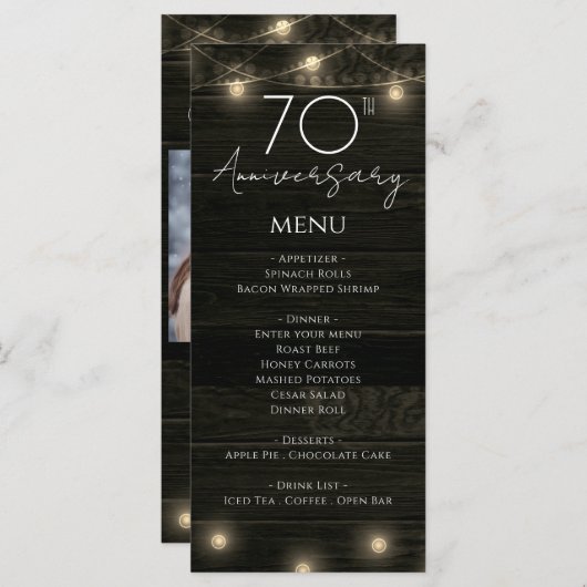 Menu Mariage 70e anniversaire Bois rustique et lumières (Devant / Derrière)