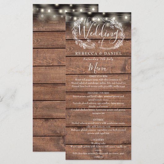 Menu Mariage à cordes en bois rustique (Devant / Derrière)
