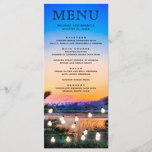 Menu Mariage à cordes Tropical Beach Sunset (Devant)