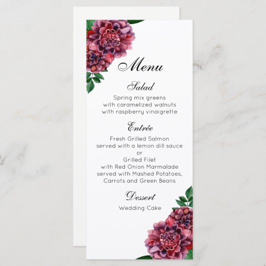 Menu Mariage à fleurs bordeaux. Fleur dahlias aquarelle (Devant / Derrière)