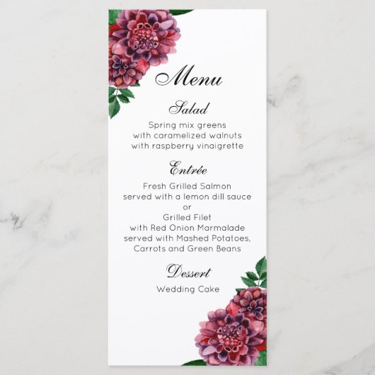 Menu Mariage à fleurs bordeaux. Fleur dahlias aquarelle (Devant)