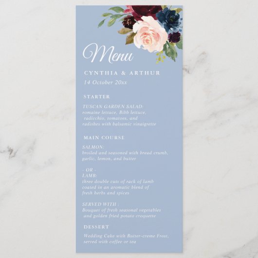 menu mariage à fleurs d'aquarelle bordeaux (Devant)