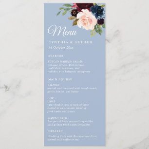 menu mariage à fleurs d'aquarelle bordeaux