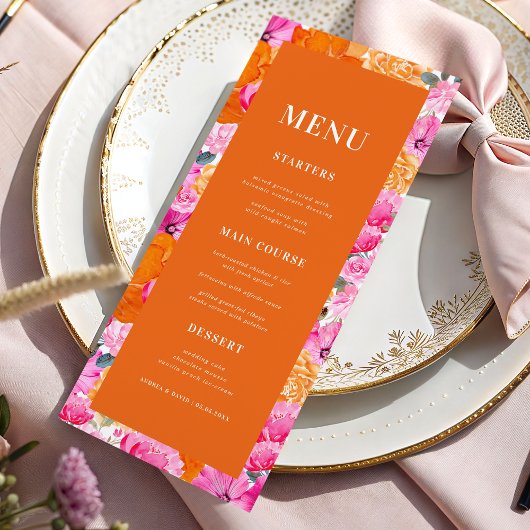 Menu Mariage à fleurs florales fraîches rose et orange