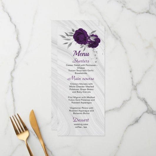 Menu mariage à fleurs gris argent royal (Devant/Arrière en situation)