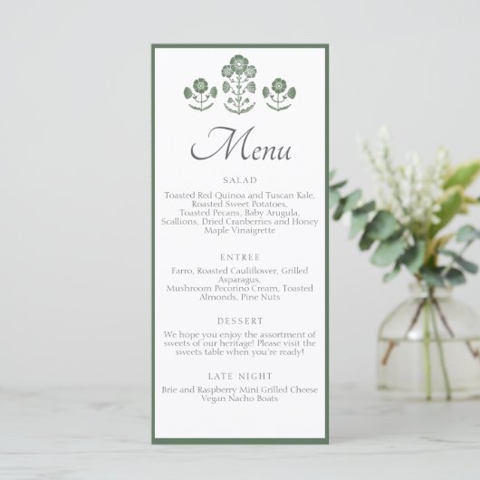Menu Mariage à impression botanique verte et blanche (Debout devant)