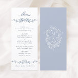 Menu Mariage à la frontière bleu classique<br><div class="desc">Elégante carte de mariages à la bordure bleue avec une crête florale et des monogrammes à l'arrière. Pour une personnalisation plus avancée de cette conception,  cliquez sur le BOUTON DESIGN TOOL ci-dessus !</div>