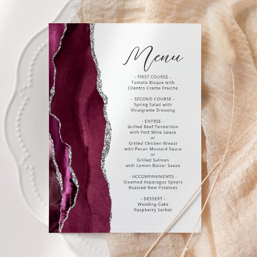 Menu Mariage à l'écriture argentée sur agate de Bourgog
