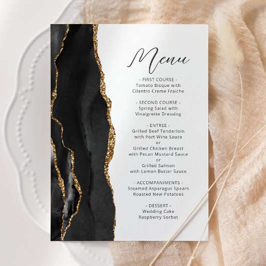 Menu Mariage à l'écriture moderne Black Gold Agate