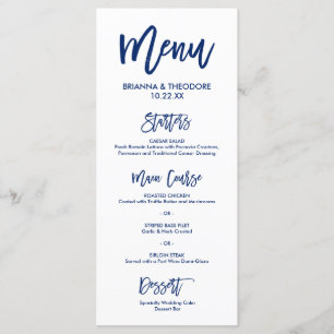Menu Mariage à main chic bleu marine