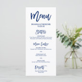 Menu Mariage à main chic bleu marine (Debout devant)