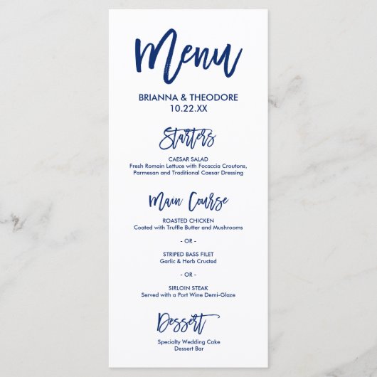 Menu Mariage à main chic bleu marine (Devant)