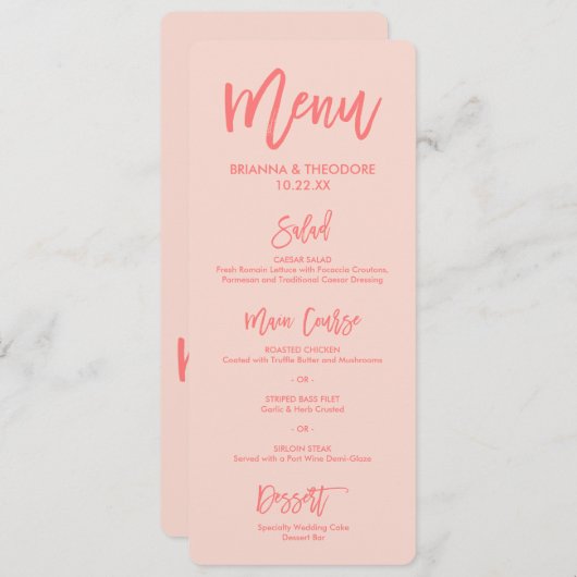 Menu Mariage à main chic | Corail (Devant / Derrière)