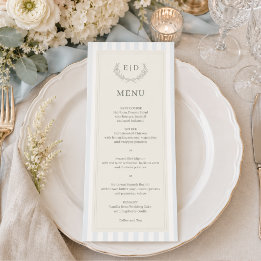 Menu Mariage à monogramme rayé bleu et sauge