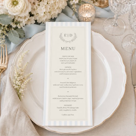 Menu Mariage à monogramme rayé bleu et sauge