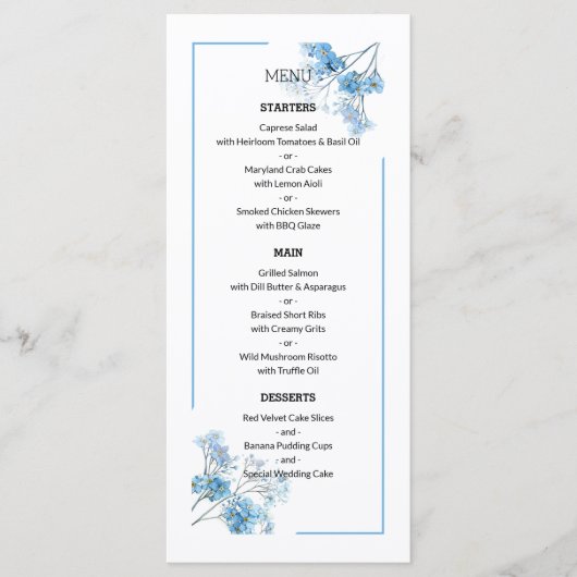 Menu Mariage à motif floral botanique bleu clair (Devant)