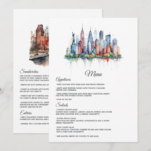 Menu Mariage à New York à l'aquarelle (Devant / Derrière)