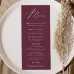 Menu Mariage à vin moderne Elegance<br><div class="desc">Menu de mariage simple et élégant avec "Menu" affiché dans un script blanc moderne avec un arrière - plan vin-violet ou couleur de votre choix. Personnalisez le menu du mariage de vin en y ajoutant vos noms, votre date de mariage et vos informations sur le menu. Conçu pour coordonner avec...</div>